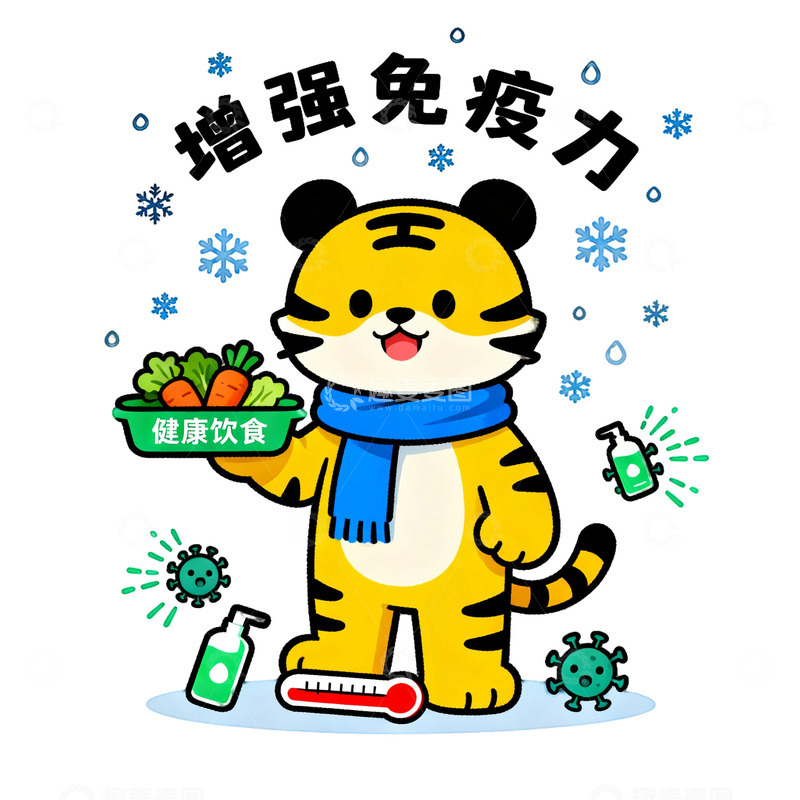 高清大图下载【趣麦麦图】卡通虎增强免疫力宣传画
