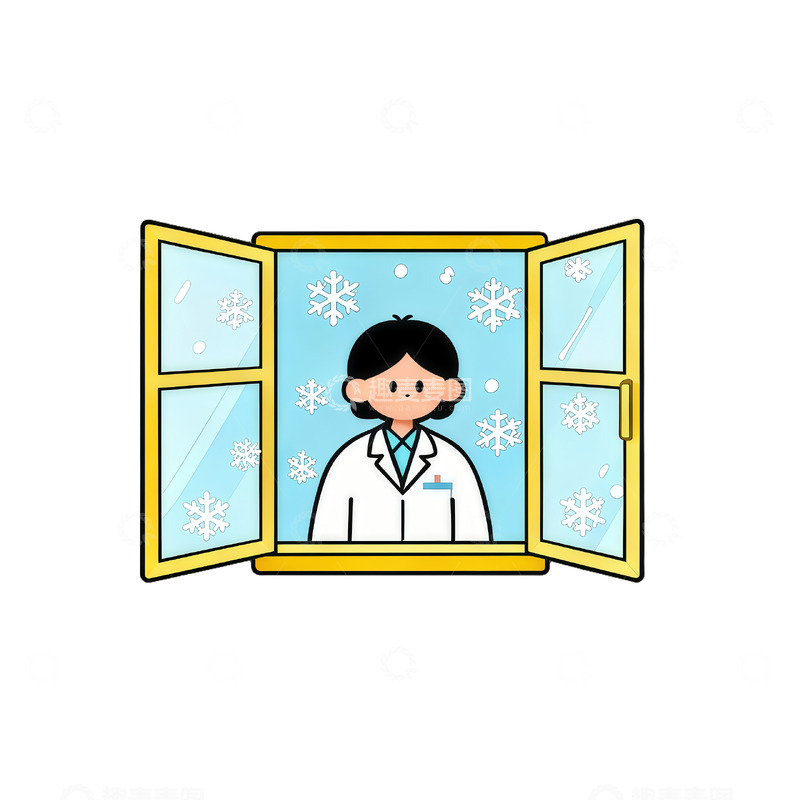 高清大图下载【趣麦麦图】卡通冬日窗前医生插画