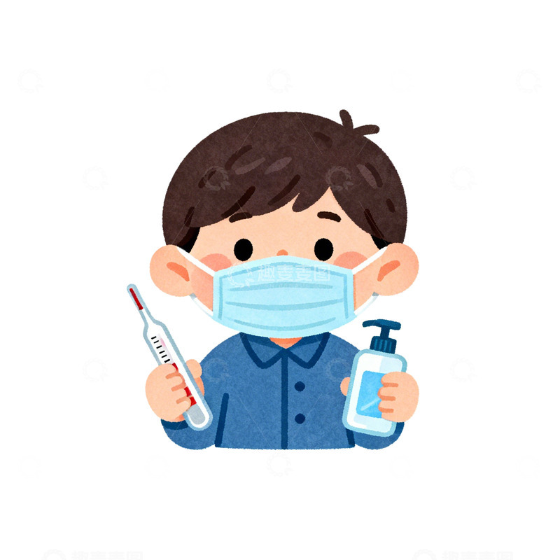 高清大图下载【趣麦麦图】卡通戴口罩小男孩防疫插画