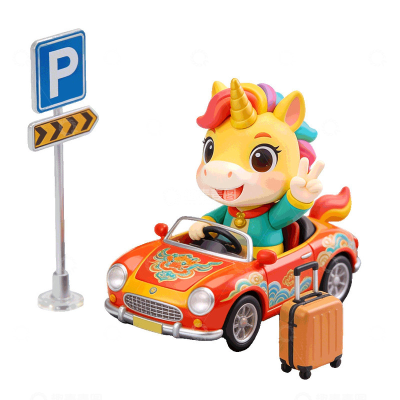 高清大图下载【趣麦麦图】马年卡通独角兽旅行免抠元素