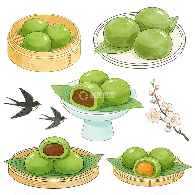 高清大图下载【趣麦麦图】清明节青团燕子风筝插画