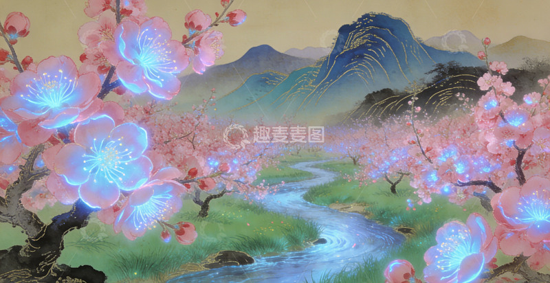 高清大图下载【趣麦麦图】东方古风樱花溪谷水墨画装饰画