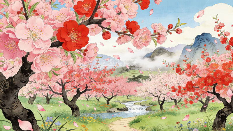 高清大图下载【趣麦麦图】樱花盛开春日山水风景插画装饰画
