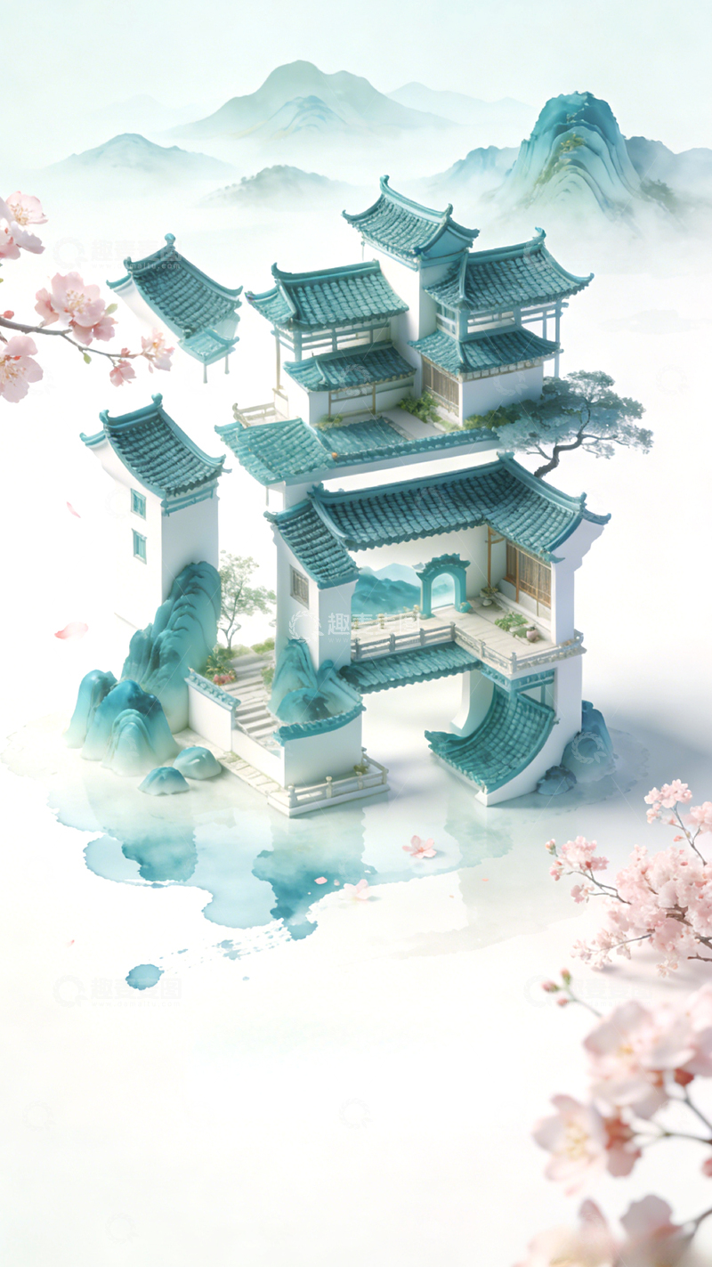 高清大图下载【趣麦麦图】清明节立体古风建筑海报背景