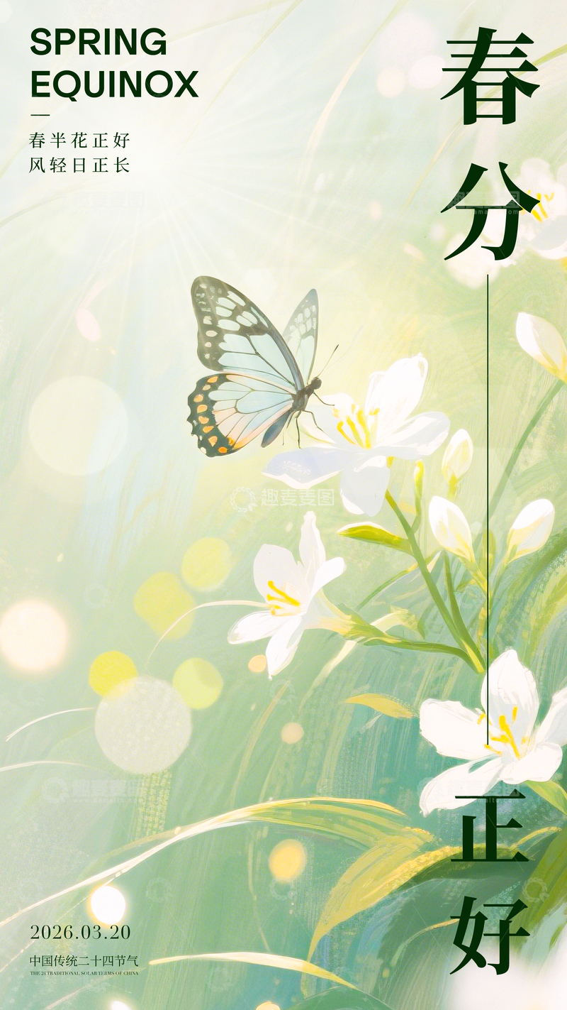 源文件下载【趣麦麦图】-春分花卉蝴蝶插画设计