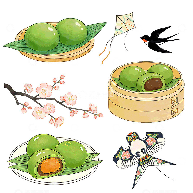 高清大图下载【趣麦麦图】卡通风青团风筝春季美食png元素
