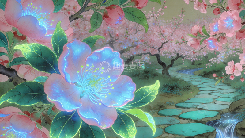 高清大图下载【趣麦麦图】樱花盛开春日景手绘插画装饰画