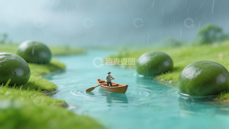 高清大图下载【趣麦麦图】清明节微缩景观雨中泛舟摄影