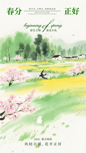 水彩春分乡村风光海报设计素材