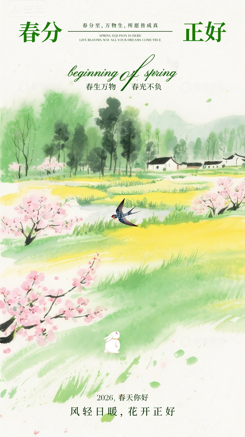 源文件下载【趣麦麦图】水彩春分乡村风光海报设计素材