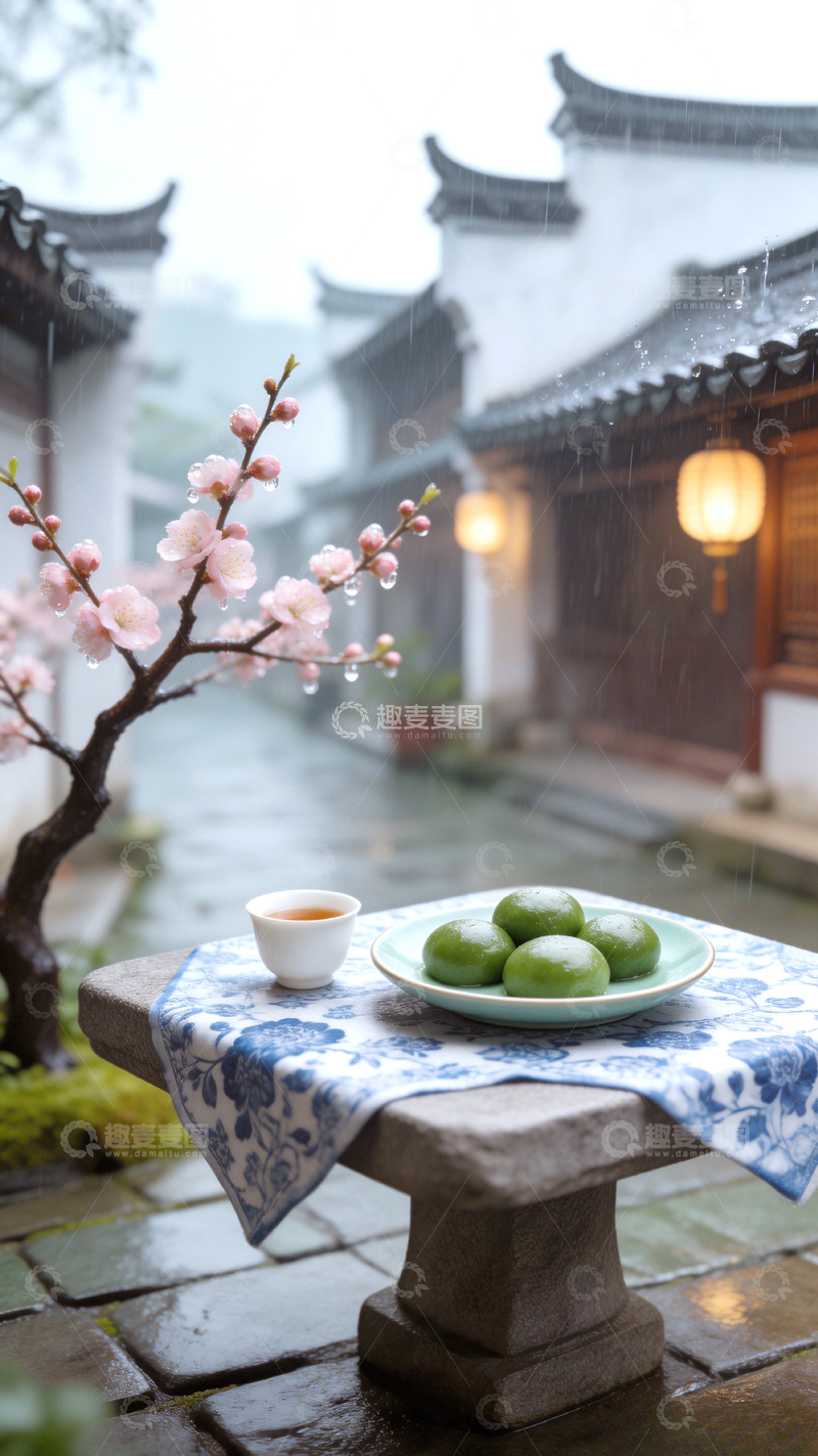 高清大图下载【趣麦麦图】清明节青团古镇背景