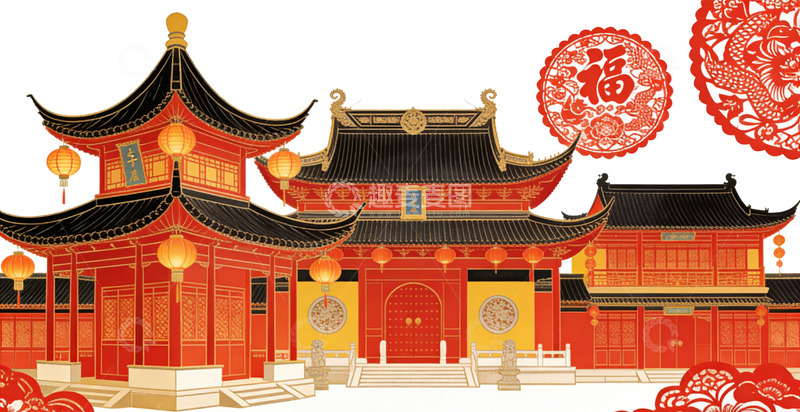高清大图下载【趣麦麦图】中国传统建筑插画设计素材