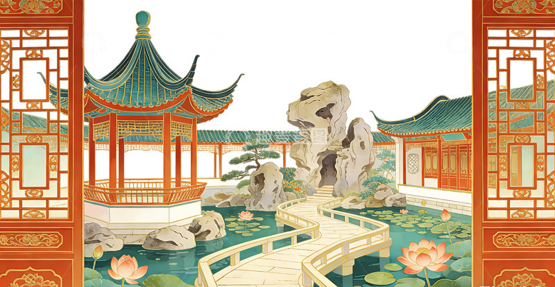 高清大图下载【趣麦麦图】中国古典苏州园林亭台楼阁插画