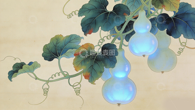 高清大图下载【趣麦麦图】工笔葫芦叶片水墨画装饰画