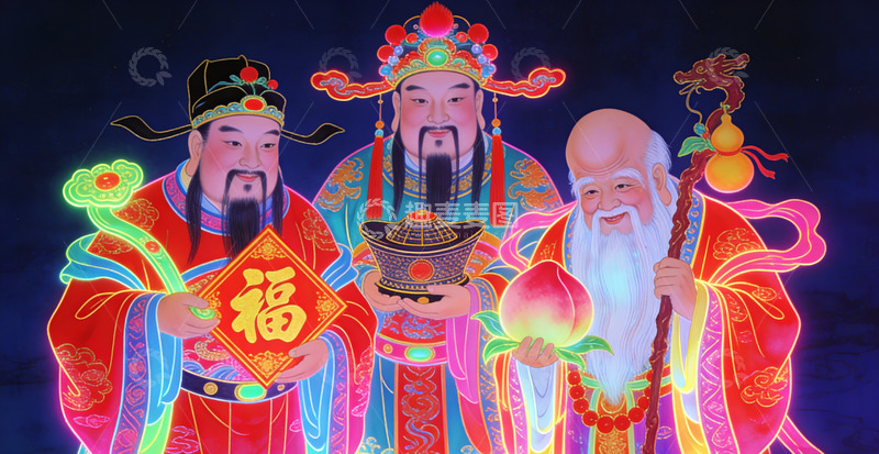 高清大图下载【趣麦麦图】传统神祇祈福图装饰画