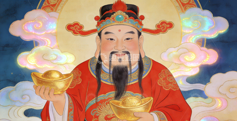 高清大图下载【趣麦麦图】传统中国财神插画装饰画