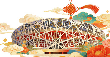 中国风鸟巢建筑插画