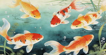 锦鲤戏水国画风格装饰画