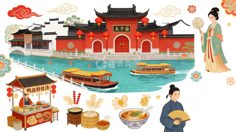 高清大图下载【趣麦麦图】古典中国风夫子庙插画设计素材