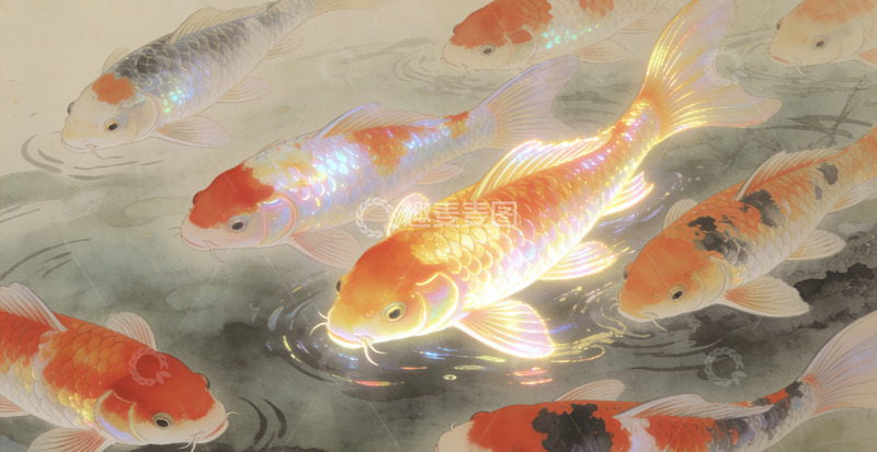 高清大图下载【趣麦麦图】水墨锦鲤游动图装饰画