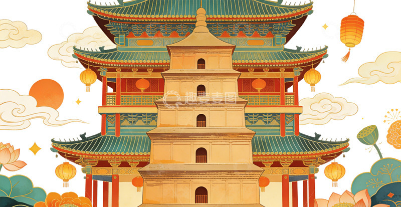 高清大图下载【趣麦麦图】中国传统塔楼节日插画