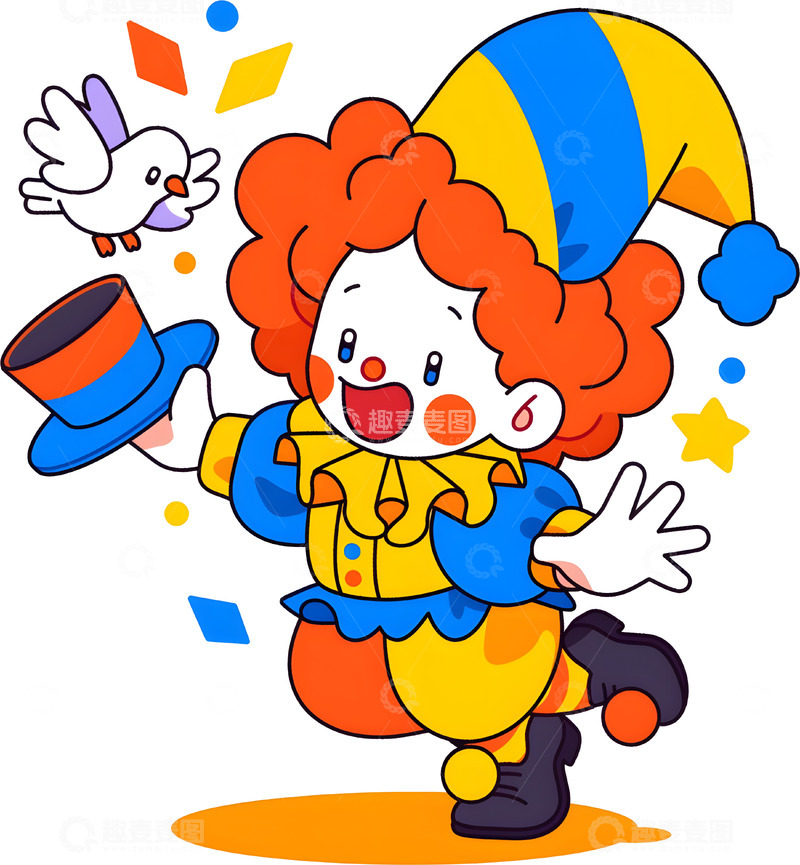 高清大图下载【趣麦麦图】卡通小丑魔术表演插画
