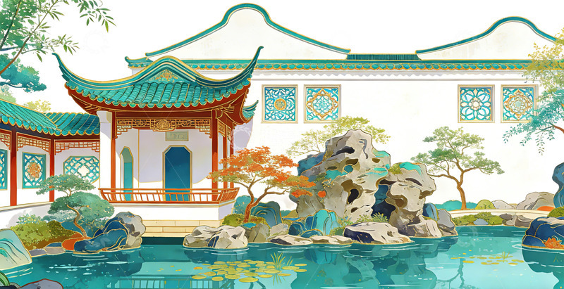 高清大图下载【趣麦麦图】中国古典苏州园林景观插画