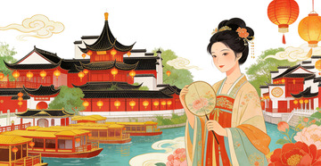 古风女子与江南水乡插画