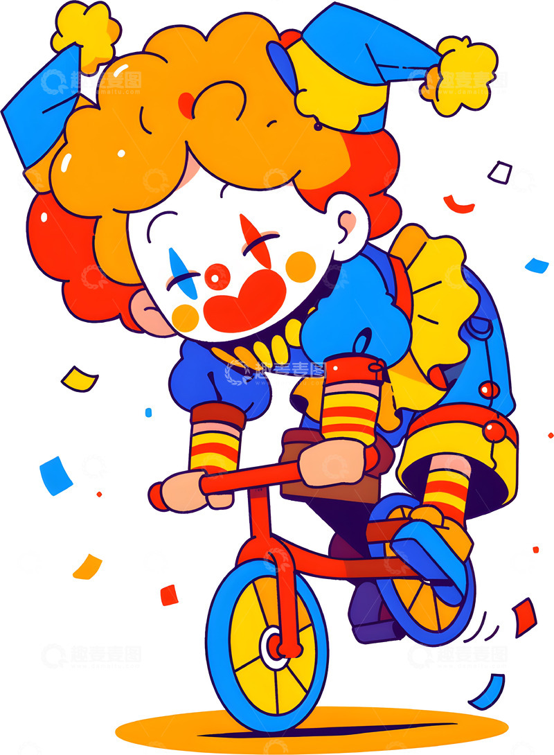 高清大图下载【趣麦麦图】卡通小丑骑车欢乐插画