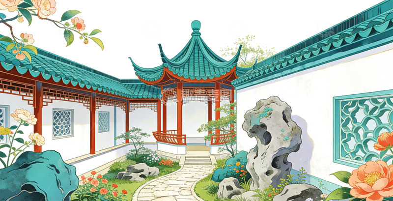 高清大图下载【趣麦麦图】中国苏州园林亭台楼阁插画