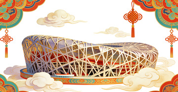 鸟巢中国风节日装饰插画