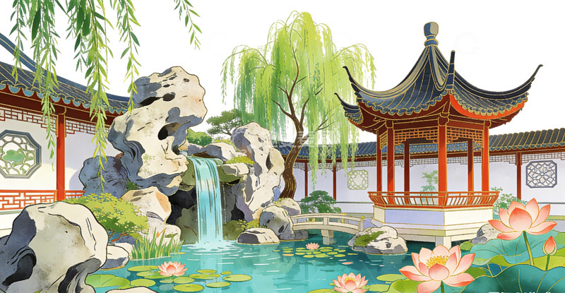 高清大图下载【趣麦麦图】古典苏州园林风景水彩画