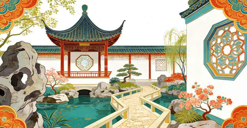 高清大图下载【趣麦麦图】传统中式苏州园林插画