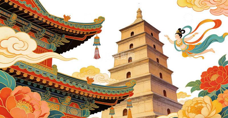 高清大图下载【趣麦麦图】中国风古建筑与飞天插画
