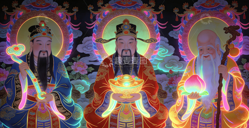 高清大图下载【趣麦麦图】福禄寿神话风格道教神祇插画装饰画