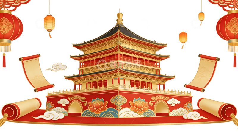 高清大图下载【趣麦麦图】中国传统建筑喜庆节日插画