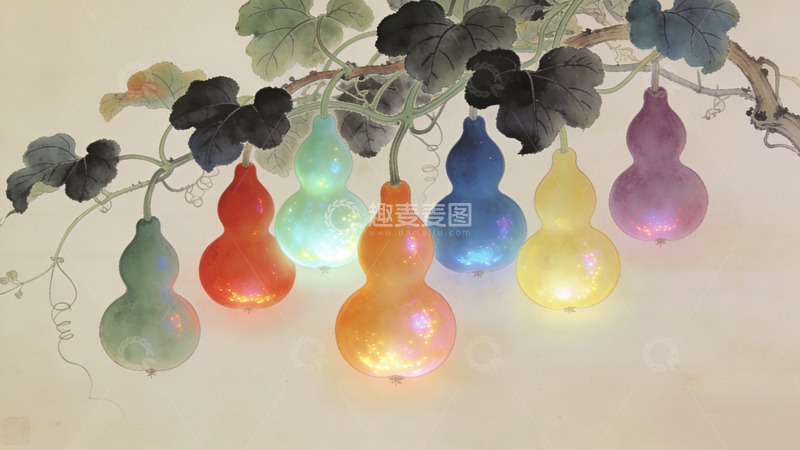 高清大图下载【趣麦麦图】彩光葫芦灯饰艺术插画装饰画