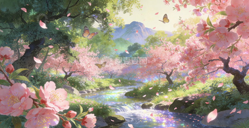 高清大图下载【趣麦麦图】樱花溪谷春日美景插画装饰画