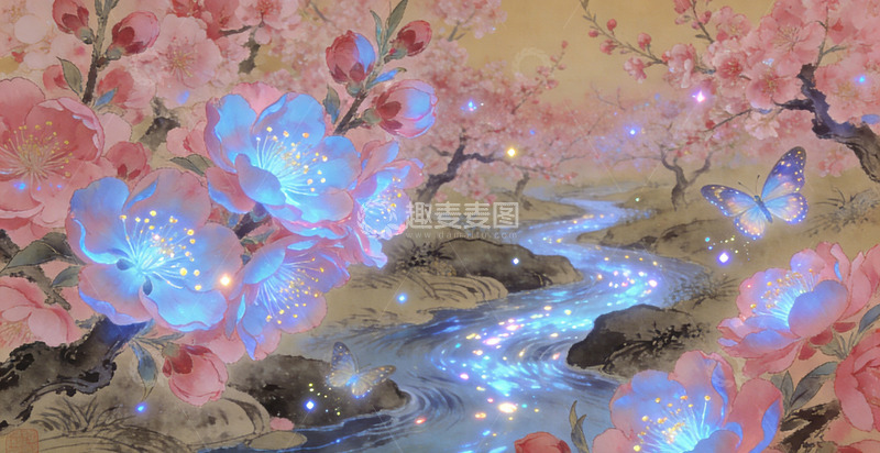 高清大图下载【趣麦麦图】梦幻樱花溪流插画装饰画