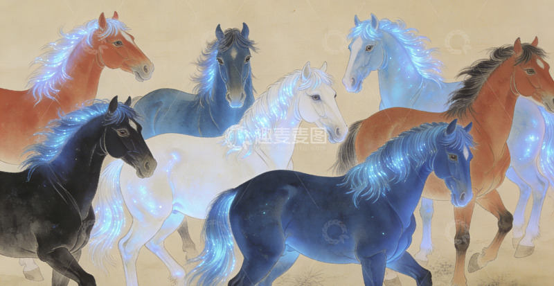 高清大图下载【趣麦麦图】彩绘骏马群飞艺术画作装饰画
