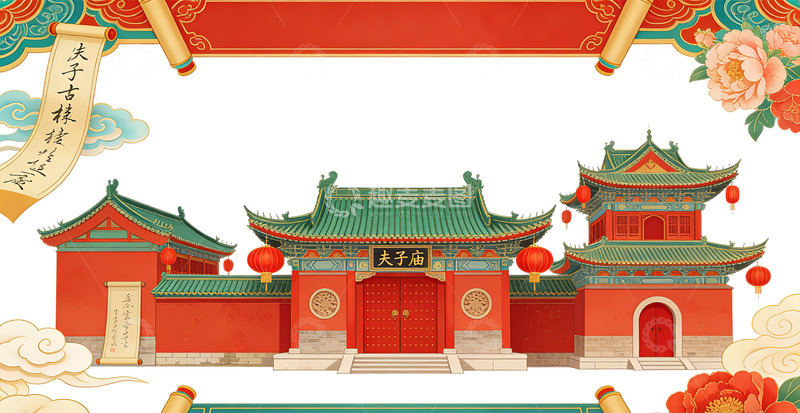 高清大图下载【趣麦麦图】传统中式建筑夫子庙插画素材