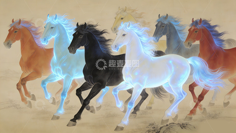 高清大图下载【趣麦麦图】彩绘骏马奔腾艺术画作装饰画