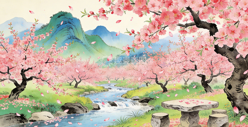 高清大图下载【趣麦麦图】桃花溪山水国画装饰画