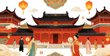 古风建筑人物插画设计图