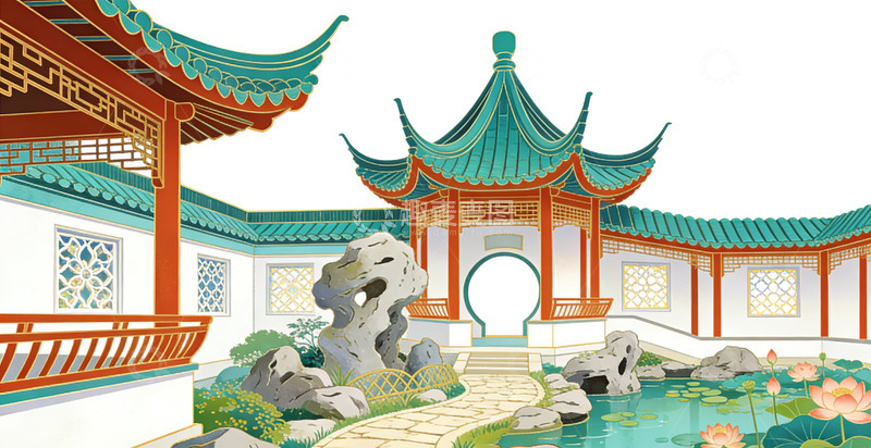 高清大图下载【趣麦麦图】中国风古典苏州园林建筑插画