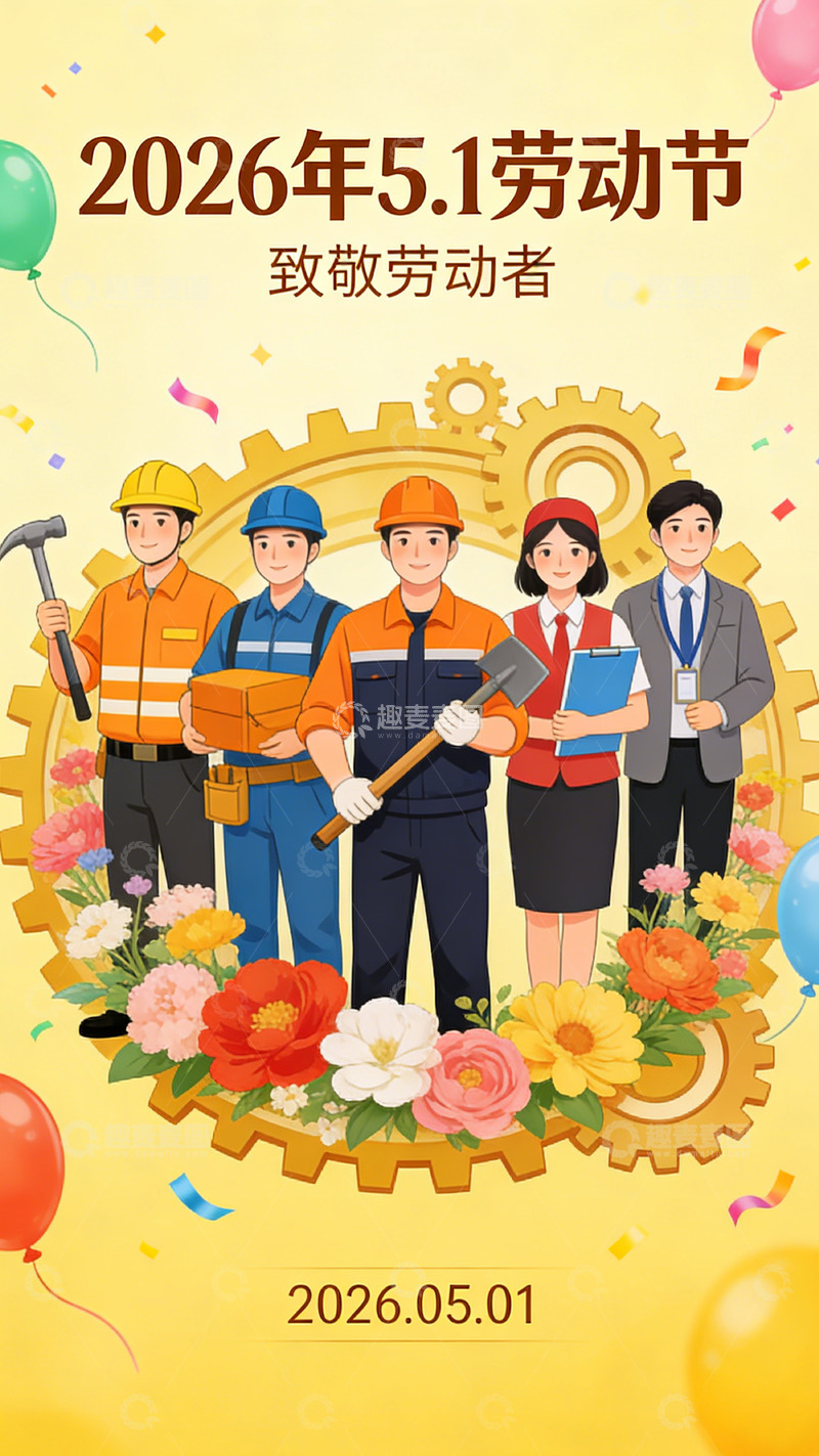 高清大图下载【趣麦麦图】卡通风五一劳动节庆祝海报素材