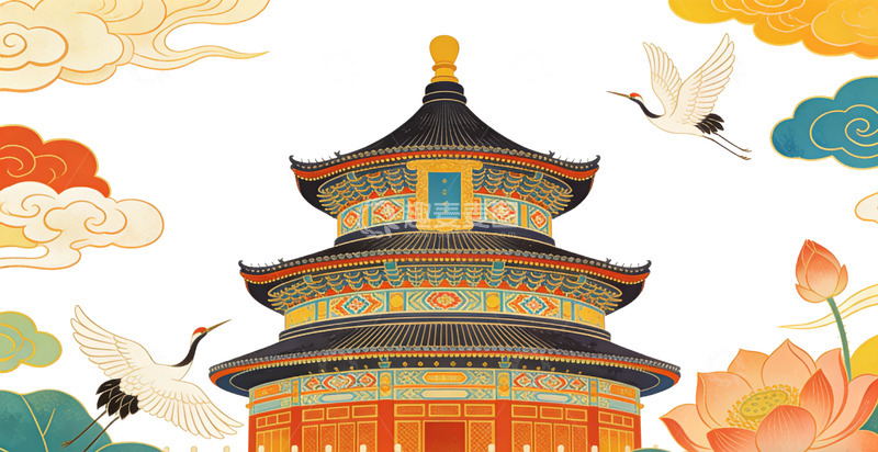 高清大图下载【趣麦麦图】中国风古建筑仙鹤莲花图案