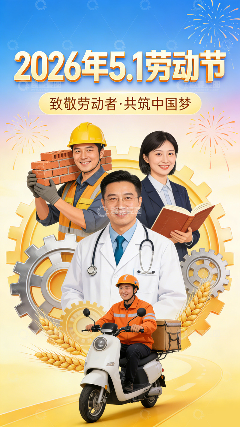 高清大图下载【趣麦麦图】庆祝劳动节工人医生快递员宣传海报