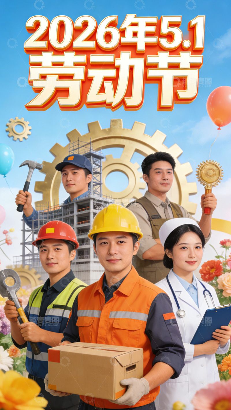 高清大图下载【趣麦麦图】劳动节宣传海报工人医护人员