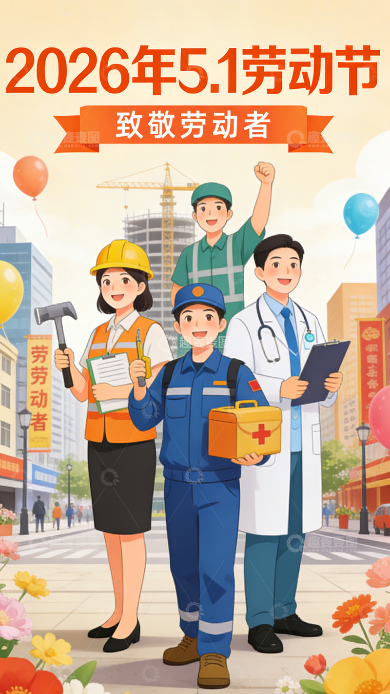 高清大图下载【趣麦麦图】2026年劳动节插画致敬劳动者